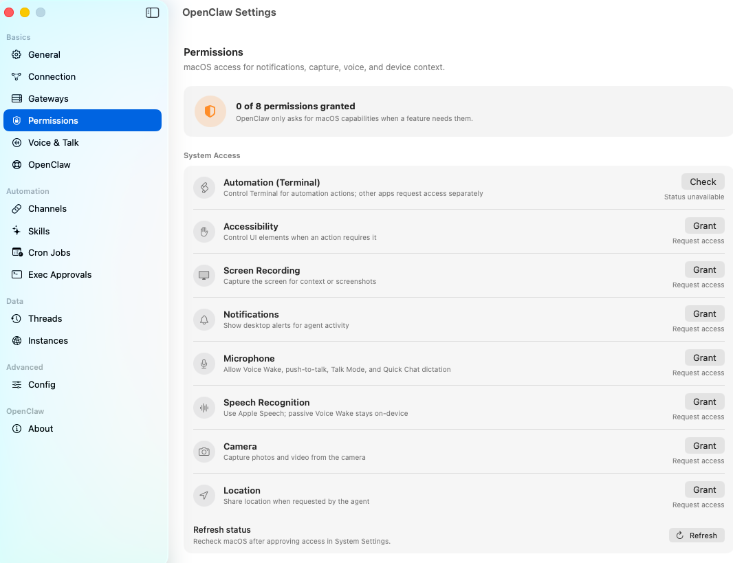 OpenClaw's macOS settings showing controls for system permissions.