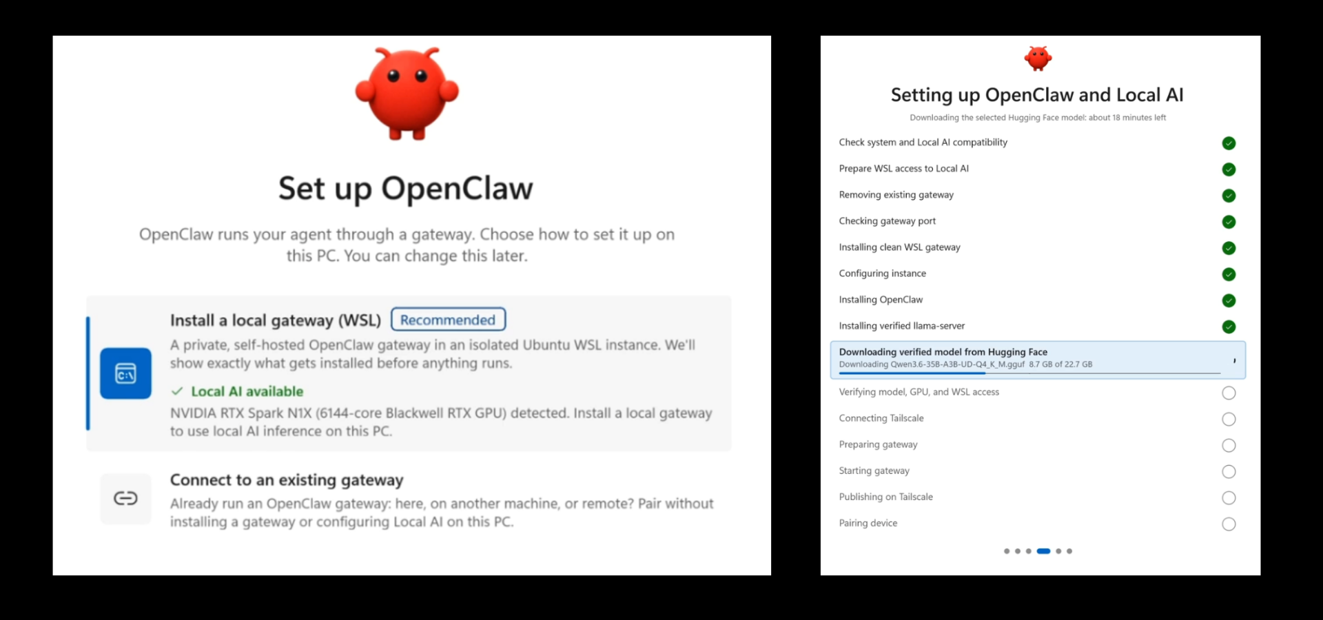 OpenClaw for Windows detecting NVIDIA RTX hardware and downloading a verified local model.