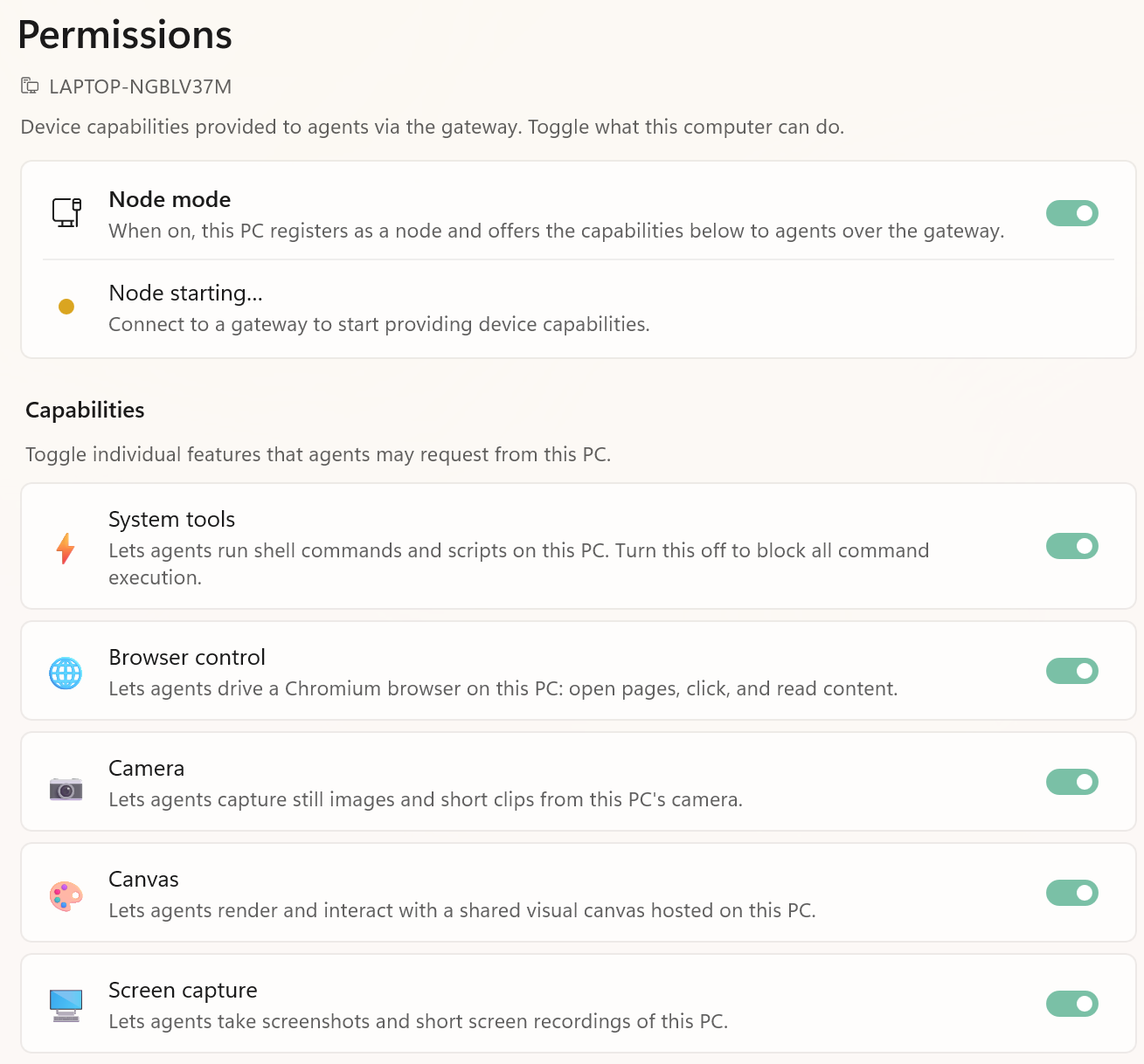 OpenClaw for Windows permissions screen with controls for device capabilities.