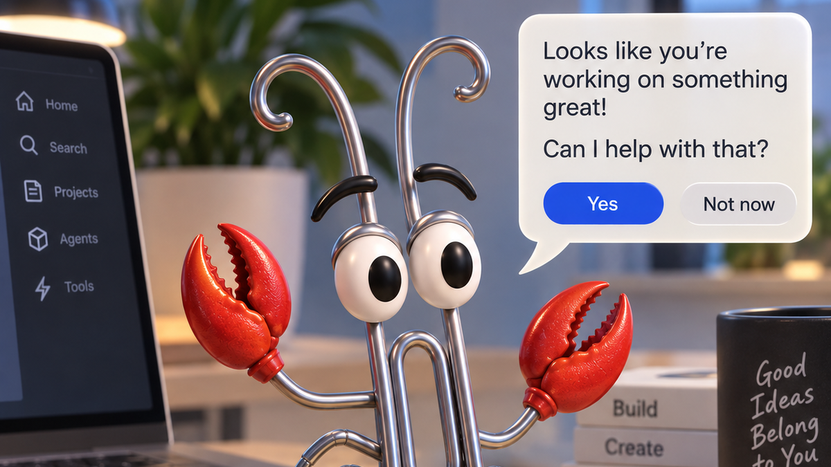 A friendly paperclip character with lobster claws beside a laptop, offering to help with your work.