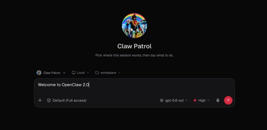 OpenClaw browser app showing the Claw Patrol agent and a new message composer containing Welcome to OpenClaw 2.0.