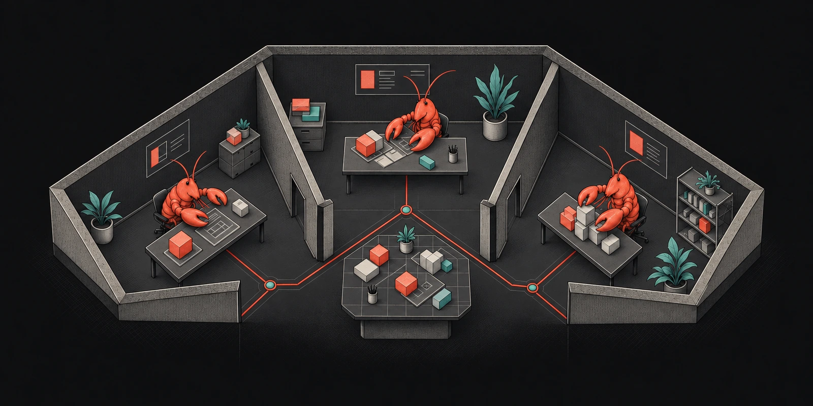 Three coral lobster agents work in separate rooms connected to a shared workspace.
