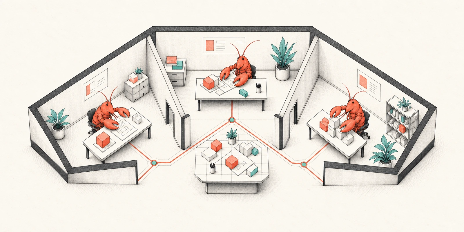Three coral lobster agents work in separate rooms connected to a shared workspace.