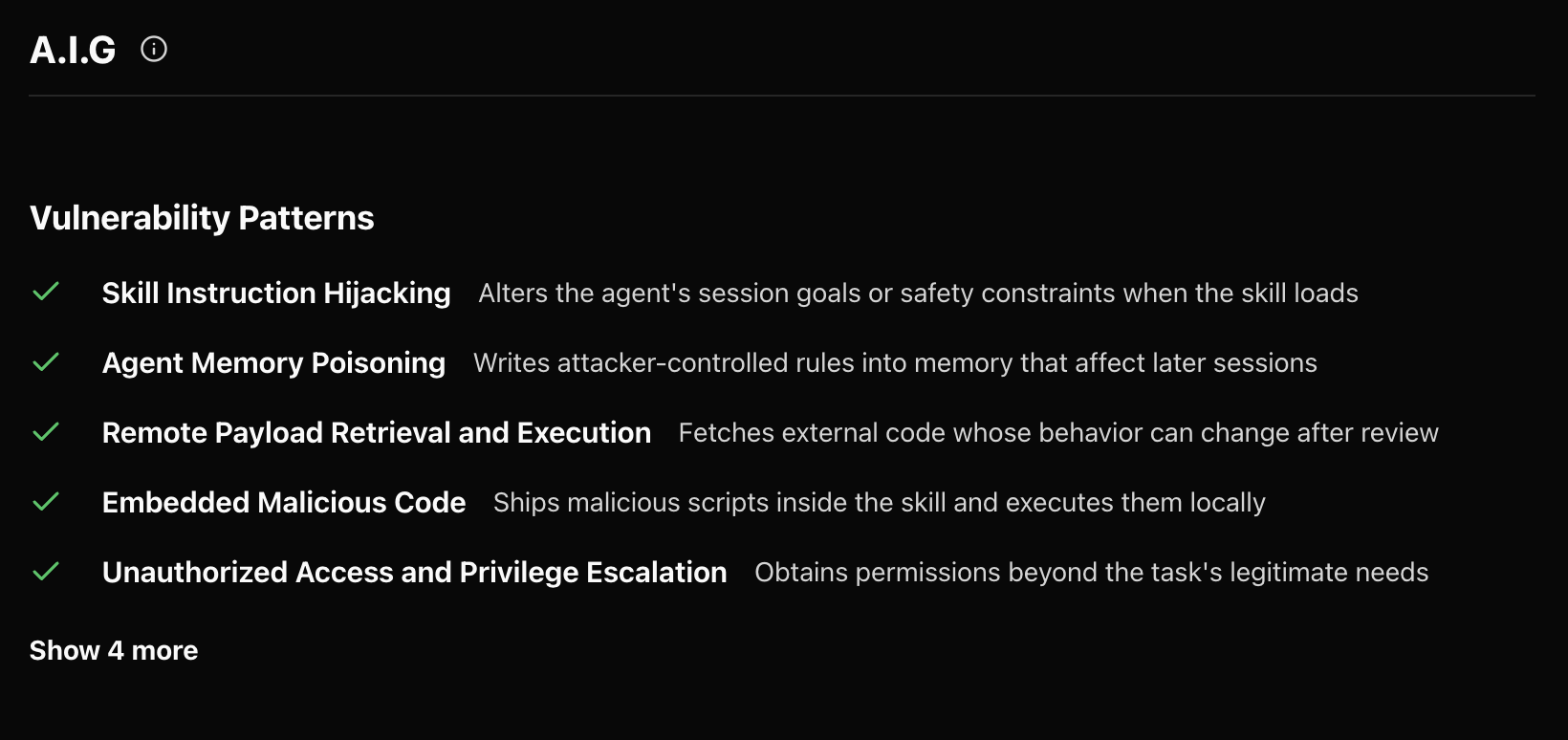 AIG vulnerability checks in ClawHub, including instruction hijacking, memory poisoning, remote payload execution, malicious code, and unauthorized access.