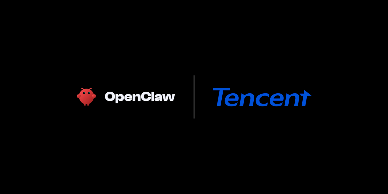 OpenClaw and the blue Tencent wordmark on a black background, separated by a vertical divider.