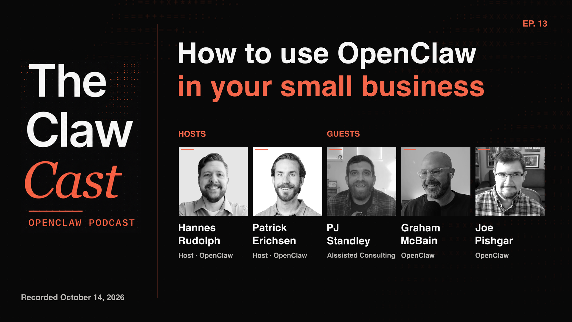 The ClawCast Episode 13: How to Use OpenClaw in Your Small Business, with hosts Hannes Rudolph and Patrick Erichsen and guests PJ Standley, Graham McBain, and Joe Pishgar